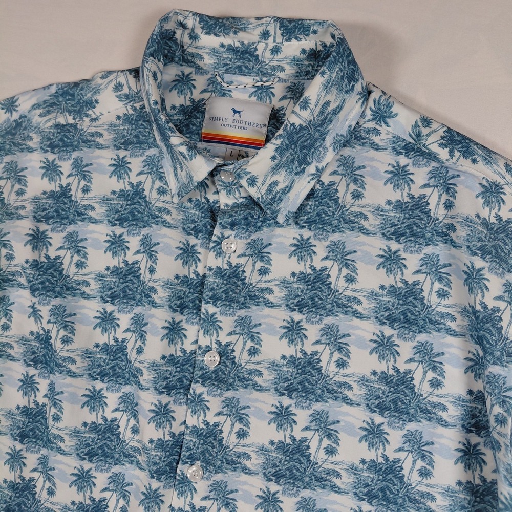 Simply Southern Mens‎ L Tropical Palm Tree Print Short Sleeve Button Up Shirt